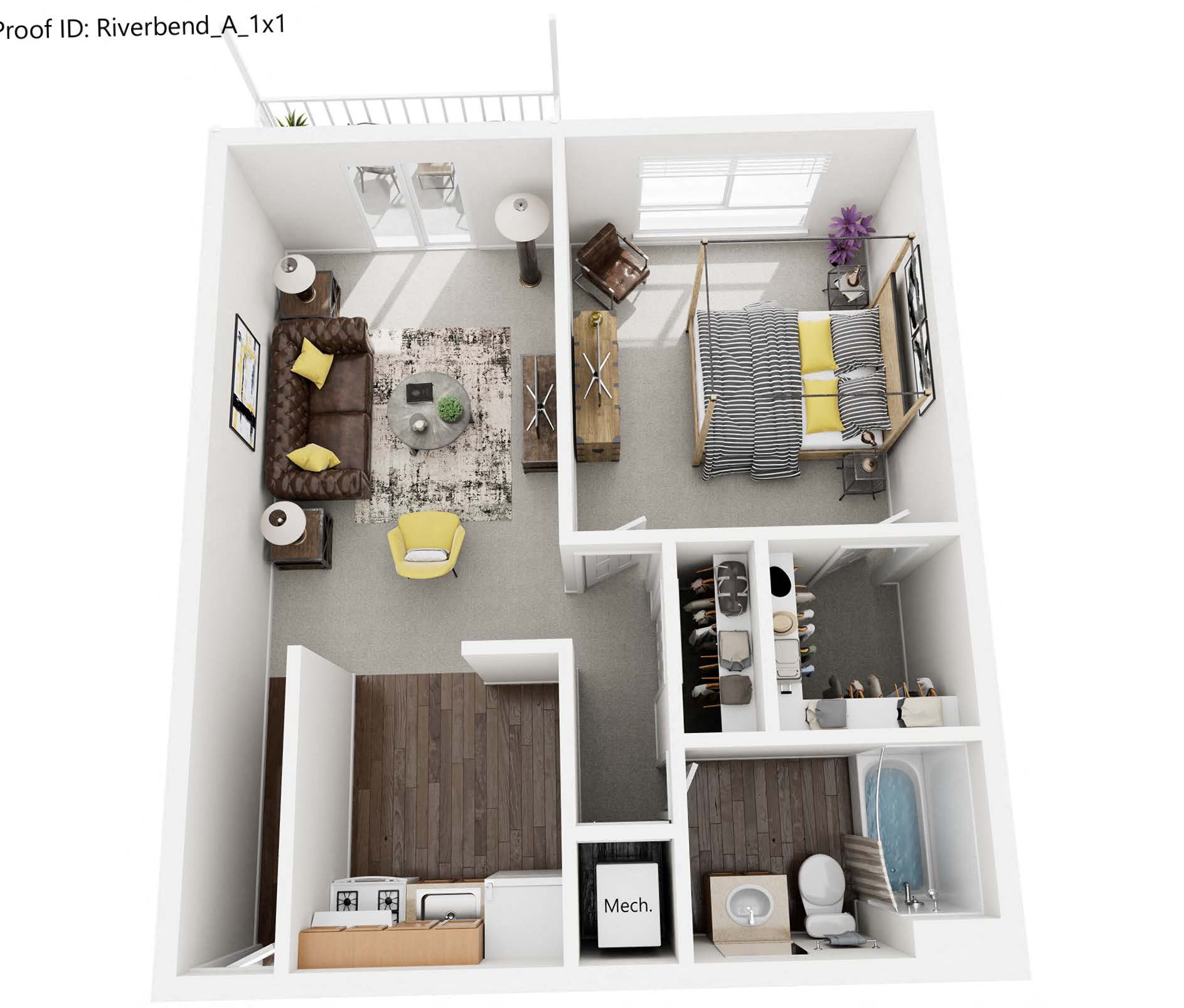 Floor plan for 1 bed, 1 bath, 700 sqft